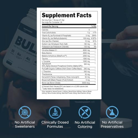 Bulk Pó Pré-Treino – Fórmula Avançada Adoçada Naturalmente para Construção Muscular e Força – 30 Porções, Sabor Tropical Punch - Transparent Labs