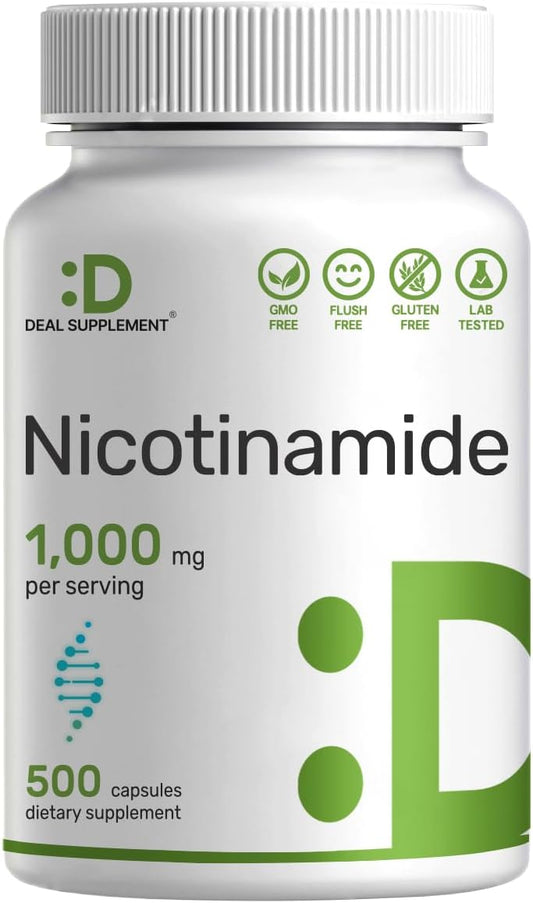 DEAL SUPPLEMENT - Vitamina B3 Nicotinamida 1.000mg Por Porção – 500 Cápsulas, Niacina Livre de Rubor, B3 Essencial – Suporta uma Pele Saudável