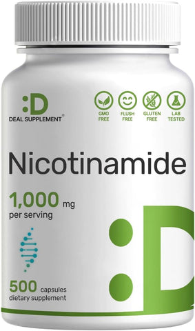 DEAL SUPPLEMENT - Vitamina B3 Nicotinamida 1.000mg Por Porção – 500 Cápsulas, Niacina Livre de Rubor, B3 Essencial – Suporta uma Pele Saudável