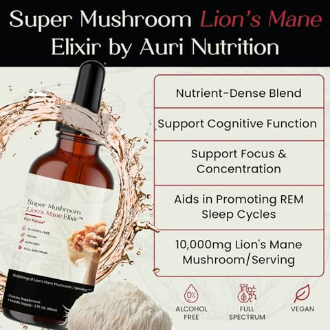 Lion’s Mane – Elixir Líquido para Memória e Foco com Cogumelos Funcionais – Extrato de Lion’s Mane em Espectro Completo – Sem GMO, Vegano – 100ml - Auri