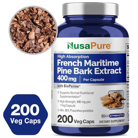 Extrato de Casca de Pinheiro Marítimo Francês NusaPure 400mg por Cápsula Vegetal Suprimento de 200 Dias Bioperine Não-OGM Vegano