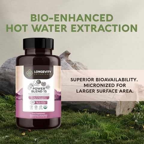 Suplemento de 15 Cogumelos em Cápsulas – Promove um Sistema Imunológico Equilibrado, Clareza Mental, Foco e Relaxamento – 90 Unidades - Longevity Botanicals