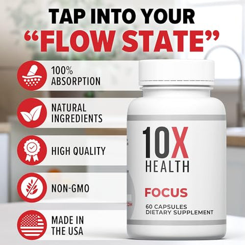 10X Health System - 10X Health Focus – Suplemento Cognitivo para Memória e Concentração com Huperzine-A, Ginkgo Biloba e Rhodiola Rosea – 60 cápsulas
