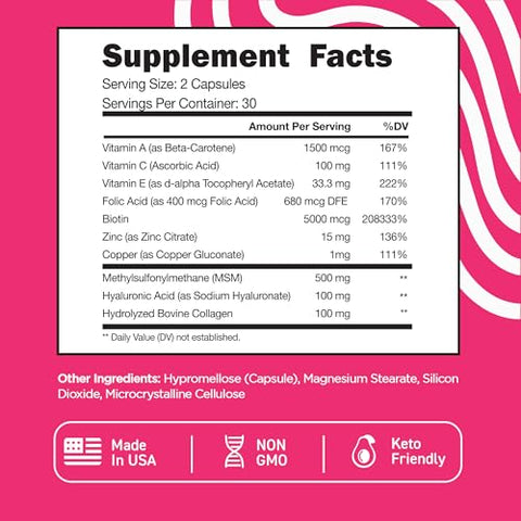 Complexo de Biotina 5000 mcg com Ácido Hialurônico, MSM e Colágeno – 60 cápsulas - Vital Vitamins