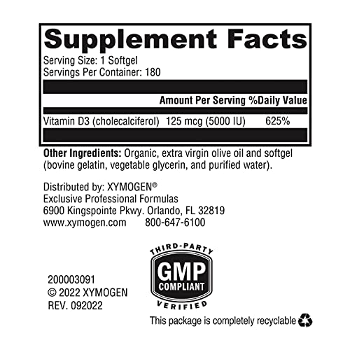 D3 5000 – Vitamina D3 5000 UI (125 mcg) – Suplemento de Alta Potência para Apoiar a Saúde Imunológica, Óssea e Cardíaca (180 Softgels) - XYMOGEN