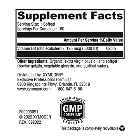 D3 5000 – Vitamina D3 5000 UI (125 mcg) – Suplemento de Alta Potência para Apoiar a Saúde Imunológica, Óssea e Cardíaca (180 Softgels) - XYMOGEN