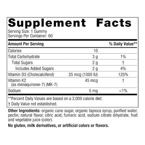 Gummies Vitamina D3 K2, Romã – 60 Gummies – 1000 UI Vitamina D3 45 mcg Vitamina K2 – Sabor Delicioso – Saúde Óssea, Promove Função Muscular Saudável - Nordic Naturals