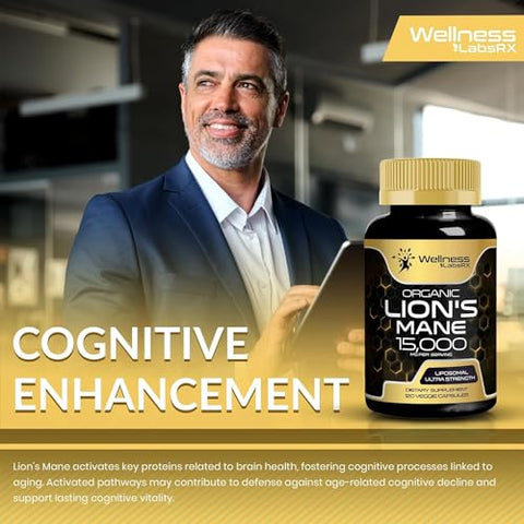 WELLNESS LABSRX - Cápsulas de Leão do Cérebro – 120 Unidades – Suplemento de Cogumelo, Suplemento para Memória e Concentração, Suporte Cognitivo e Imunológico – Foco