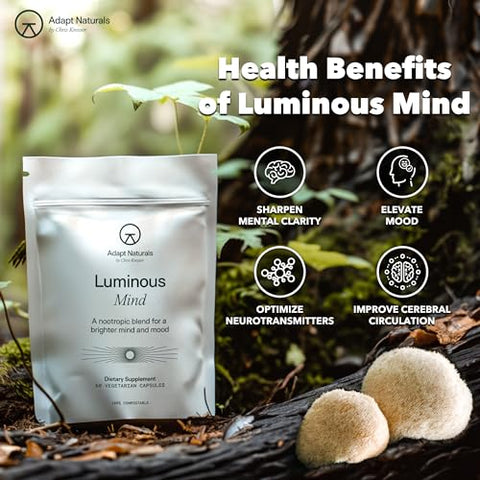 ADAPT NATURALS BY CHRIS KRESSER - Adapt Naturals – Suplemento Cérebro Nootrópico Luminous Mind com Ginkgo Biloba, Bacopa e Lions Mane | Memória, Foco, Clareza Mental e Suporte para o Humor Elevado | Sem Cafeína, Queda