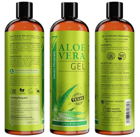 Seven Minerals - Gel de Aloe Vera Orgânico 100% Puro – 12oz (355ml) – Alta Qualidade, Cultivado no Texas, Vegano, Sem Fragrância – Para Rosto, Pele, Cabelo, Alívio de Queimaduras Solares