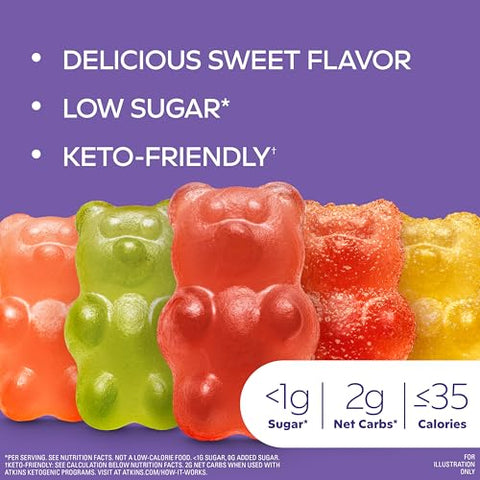 Novo Atkins Endulge Gummy Bears Pack Variado, Baixo Açúcar*, Amigo do Keto, Doces Keto, 18 Pack (12 Gummy Bears Doces, 6 Gummy Bears Azedos)