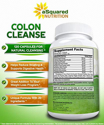 Pure Colon Cleanse para Perda de Peso – 120 Cápsulas, Máxima Potência, Desintoxicação Natural do Cólon, Suplemento para Dieta de Limpeza do Cólon, Saúde Digestiva – Marca aSquared Nutrition - aSquared Nutrition
