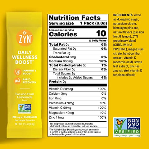 Pó de Cúrcuma, Mistura de Bebida Eletrolítica em Pacotes de Hidratação 32 Porções | Maracujá Limonada | Pó de Eletrólitos Saudável com Cúrcuma, Vitamina C, Zinco - ZYN