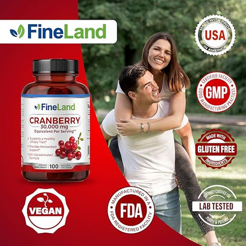 Extrato de Cranberry FineLand 60:1, Força Máxima 30.000 mg Equivalente por Cápsula de Cranberry, 100 Cápsulas Vegetais, Suprimento de 3 Meses, 100% Vegano, Natural