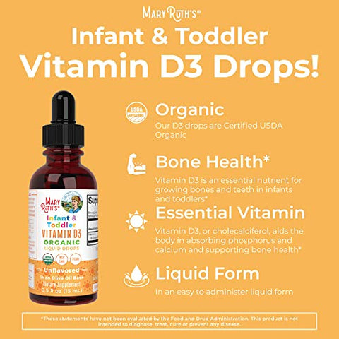 MaryRuth Organics - Vitamina D Orgânica USDA | Até 4 Meses de Suprimento | Vitamina D3 Líquida | Sem Açúcar | Gotas de Vitamina D Líquida Suporte Imunológico para Bebês