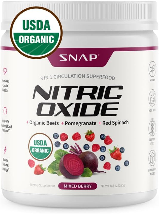 Beet Root Powder Orgânico USDA, Suplemento 3 em 1 Óxido Nítrico, Suporte para Pressão Arterial e Circulação Sanguínea Saudáveis, 250g (Mixed Berry) - Snap Supplements