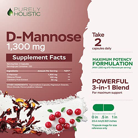 Purely Holistic - D Mannose 1300mg – Cápsulas 3 em 1 com Cranberry – Fórmula D-Mannose – 60 cápsulas