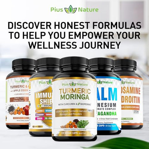 PIUS NATURE - Turmeric Moringa – Cápsulas Vegetais Orgânicas de Cúrcuma Curcumina e Pó Orgânico de Moringa – 120 Cápsulas Veggie para Mulheres e Homens