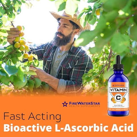 FIREWATERSTAR HEALTH SUPPLEMENTS - FWS Liquid Vitamin C – Suplemento de Vitamina C Líquida Bioativa para Adultos e Crianças – Orgânico, Vegano, Ácido Ascórbico Puro – Saúde da Pele, Suporte Imunológico e Antioxidantes