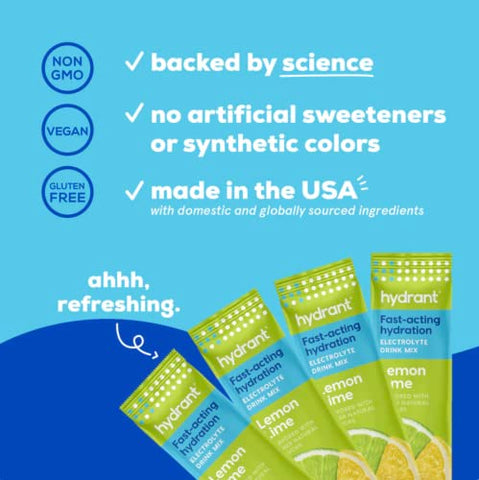 Hydrate – Pó de Eletrólitos para Hidratação Individual, Sem Adoçantes, Cores ou Preenchedores Artificiais (Limão Lima, 30 Pacotes) - HYDRANT