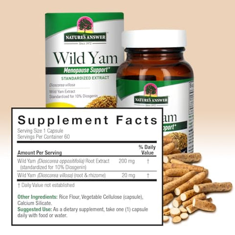 Nature's Answer - Nature’s Answer Wild Yam Root 60 Cápsulas | Suporte para Menopausa | Equilíbrio Hormonal Feminino | Sem Glúten, Não-OGM, Vegano, Sem Conservantes ou Sabores Artificiais | Único