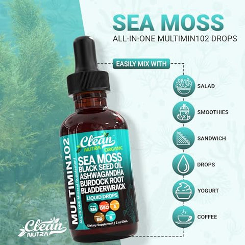 Suplemento Líquido de Musgo do Mar com Óleo de Semente Preta, Ashwagandha e Raiz de Bardana – 30ml - Clean Nutraceuticals