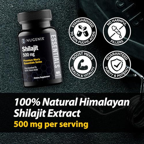 Essentials Cápsulas de Shilajit – 500mg, Padronizado para 50% de Ácidos Fúlvicos, Himalaia, Shilajit Puro para Homens, 60 Cápsulas - Nugenix