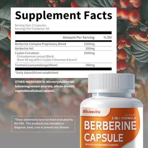 Allcoovita - Berberine Plus Cápsulas – 1500mg por Porção – 120 Unidades – HCI de Berberina – Canela Ceylon Pura – Suplemento de Raiz de HCI de Berberina