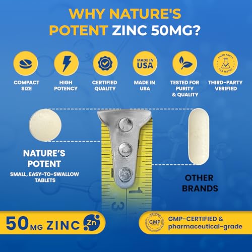 Nature's Potent - Zinco 50mg [Alta Potência] – Sistema de Suporte Imunológico com Zinco Natural (Óxido/Citrato) 100 Comprimidos, Nature’s Potent