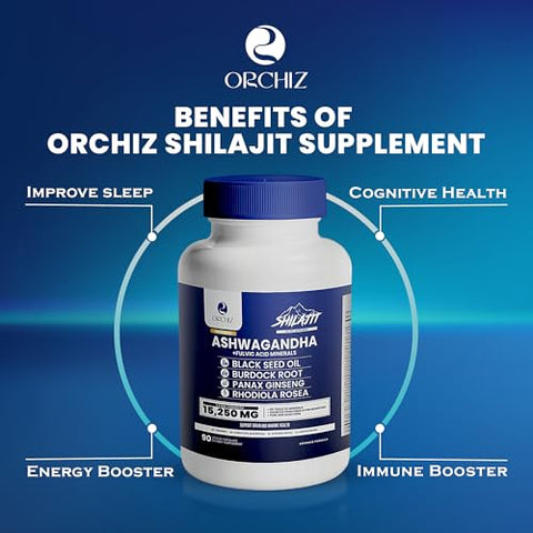 Orchiz - Certified Organic Ashwagandha com Shilajit, Óleo de Semente Preta, Raiz de Bardana, Ginseng Panax, Rhodiala Rosea, Ginkgo Biloba, Cúrcuma, Teste de Laboratório – 15250mg, 90 Cápsulas