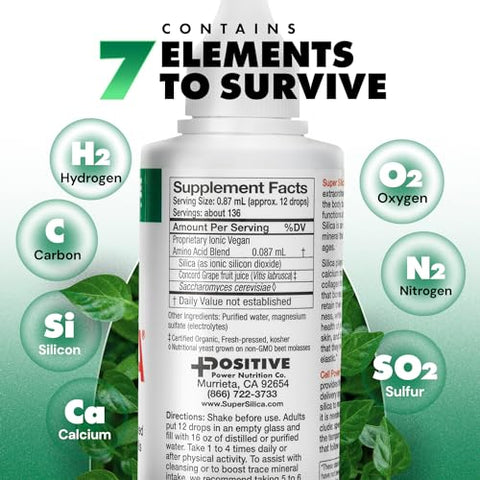 Suplemento de Silício Líquido Super Silica da Positive Power Nutritionals (120ml) – Mineral de Silício – Suplemento Líquido de Silício com Estimulante de Colágeno