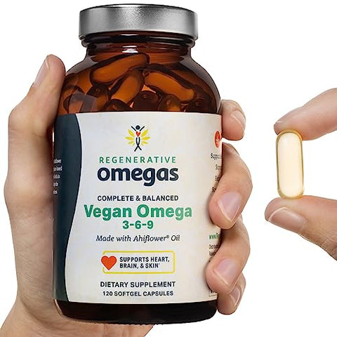 Regenerative Omegas - Ahiflower Oil Softgels Vegan 3-6-9 Ácidos Graxos Essenciais à Base de Plantas, Fonte Vegana de Gorduras Saudáveis, 120 Softgels Veganos