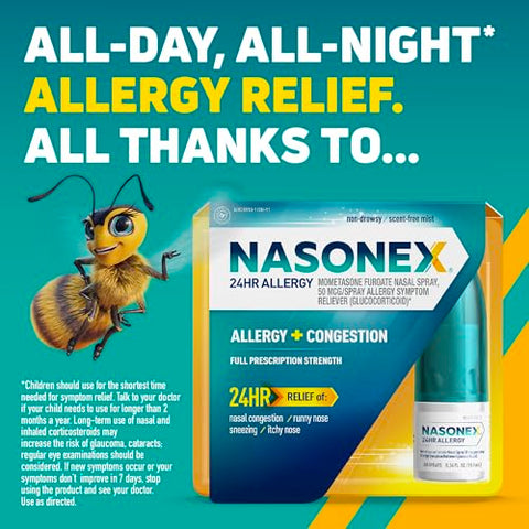 24HR Spray Nasal para Alergia, Congestão Nasal, Alívio Não Sonolento em Força Total de Prescrição, 120 Sprays - Nasonex