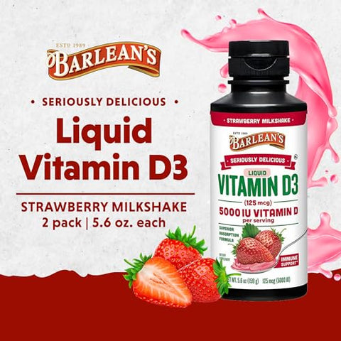 Barlean's - Barlean’s Pack 2 Vitamina D Líquida para Crianças e Adultos 5000 IU D3, Sabor Morango Milkshake Sem Açúcar, 160g Cada