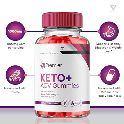 Fyvus - (2 Pacotes) Gomas Premier Keto ACV para Perda de Peso Avançada, Gomas Premier Keto, Premier ACV Keto Plus Suplemento de Vinagre de Maçã com Vitamina B12, Folate, Beterraba (120 Gomas)