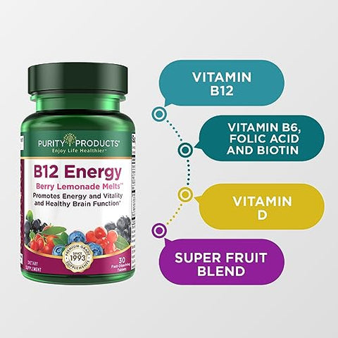 Melt de Limonada de Frutas Vermelhas com B-12 Energy – Vitamina B12 Methylcobalamin, B6, D3, Ácido Fólico e Biotina – Alta Absorção – 30 Tabletes Derretíveis - Purity Products