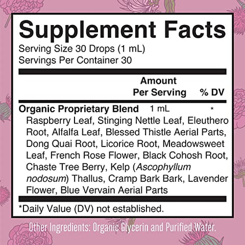 Suplementos Herbais Líquidos Orgânicos Certificados USDA para o Bem-Estar Feminino | Com Urtiga, Folha de Framboesa, Raiz de Eleuthero, Fruto do Casto | Suporte Menstrual | 100% Natural - MaryRuth Organics