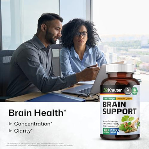 BIO KRAUTER - Suplemento de Suporte Cerebral – Ashwagandha, Panax Ginseng e Ginkgo Biloba – 1200 mg – 100 Cápsulas Veganas, Sem Preenchedores