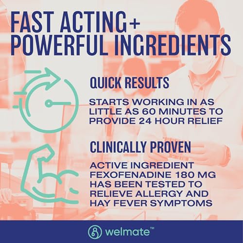Alívio de Alergia | Fexofenadina HCl 180 mg | Antialérgico Não Sonolento | 200 Comprimidos – Marca WELMATE - WELMATE