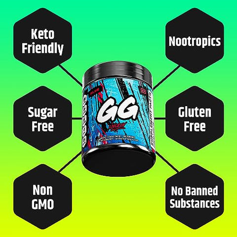 GG Energy Blue (100 Porções) – Energia para Jogos e Mistura Nootrópica Amigável ao Keto, Livre de Açúcar, Cafeína Orgânica, Vitaminas de Suporte Imunológico, Bebida Energética em Pó - Gamer Supps