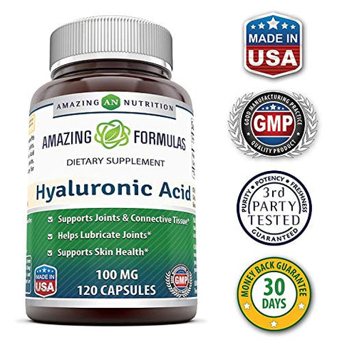 Amazing Nutrition - Amazing Formulas Ácido Hialurônico 100 mg Cápsulas | Sem OGM | Sem Glúten | Fabricado nos EUA (3 Pacotes, 120 Unidades)