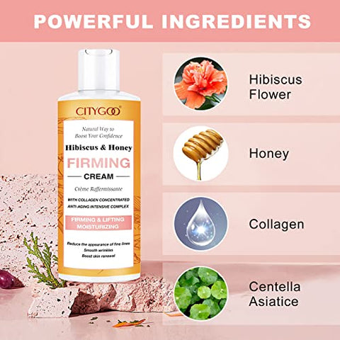 CITYGOO - Creme Firmador de Hibisco e Mel, Loção para Reafirmar a Pele, Reduz a Aparência de Linhas no Pescoço, Tonifica – 100g