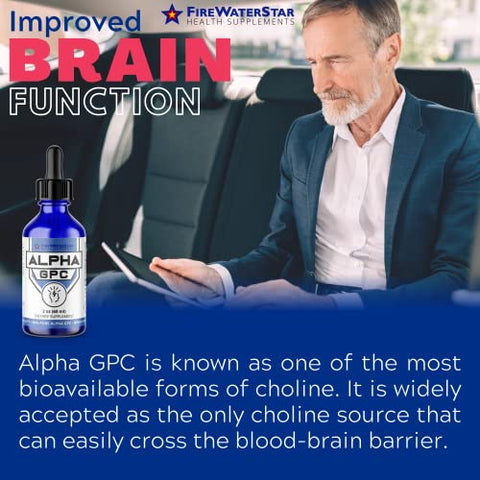 FIREWATERSTAR HEALTH SUPPLEMENTS - FWS Alpha GPC Choline – Gotas Líquidas para Memória e Concentração – Suplemento Cerebral de Ação Rápida – 99% Puro L Alpha-GPC – 300mg – 30 Dias de Fornecimento