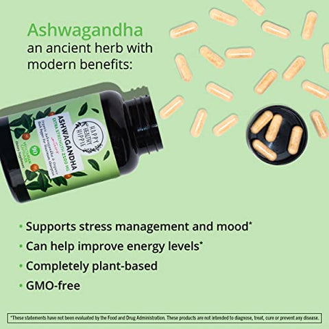 Happy Healthy Hippie - Cápsulas de Ashwagandha Orgânica 2100mg – Alívio do Estresse – Extra Forte – 100%% Herbal, Extrato de Raiz de Ashwagandha Orgânica Certificada pelo USDA com Pimenta Preta – Energia, Humor