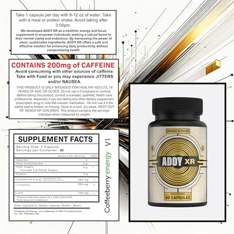 ADDY FOCUS - ADDY XR – Alternativa ao Adderall – Gerenciamento de Energia de Luxo – Foco – 100% Natural – 60 cápsulas – Marca ADDY XR