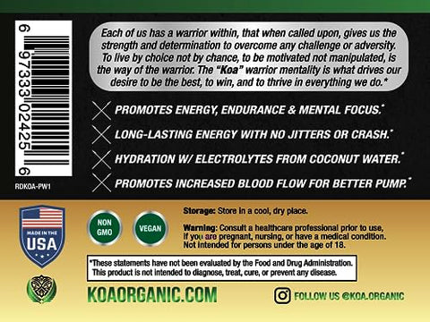 Pó Pré-Treino Orgânico Certificado USDA para Homens | Energia Natural e Saúde | 100% Orgânico | 300g - KOA Organics