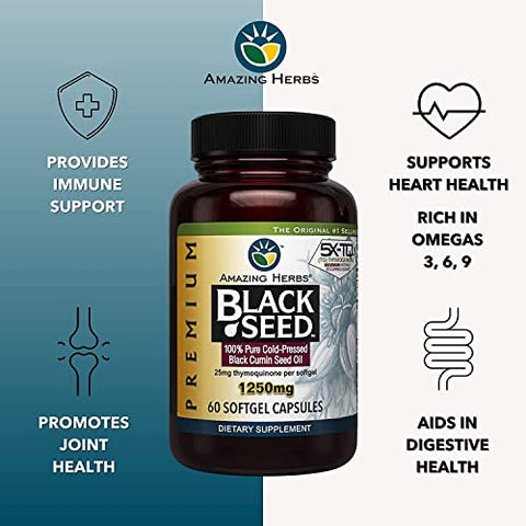 Óleo de Semente de Cominho Preto Premium Amazing Herbs – Alta Potência, Extraído a Frio de Nigella Sativa Auxilia na Saúde Digestiva, Suporte Imunológico – 60 Cápsulas