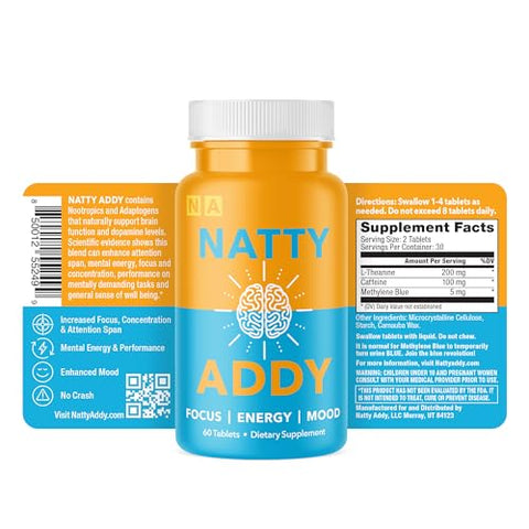 Natty Addy - Suporte Máximo para o Cérebro – Azul de Metileno, Cafeína e L-Teanina – 60 cápsulas – Marca Brain Support