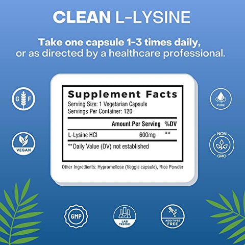 Natural Cure Labs - Clean L-Lysine 600mg, 120 Cápsulas | Vegano, Não-OGM | Marca Clean