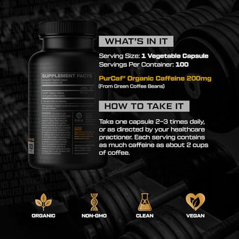 PurCaf Cápsulas de Cafeína Orgânica, Suplemento Energético de Cafeína, Sem Queda ou Nervosismo, Foco Pré-Treino - HOSSTILE
